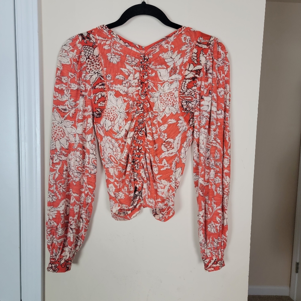 Free‎ People Say The Word Floral Print V-Neck Long Blouson Sleeve Ruched Top XS - Picture 6 of 11